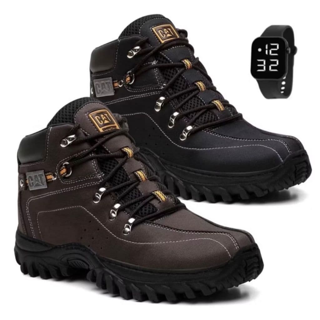 Kit 2 Pares de Botina Bota Cat Masculina Adventure De Couro Costurado Impermeável Antiderrapante Com Solado + Relogio