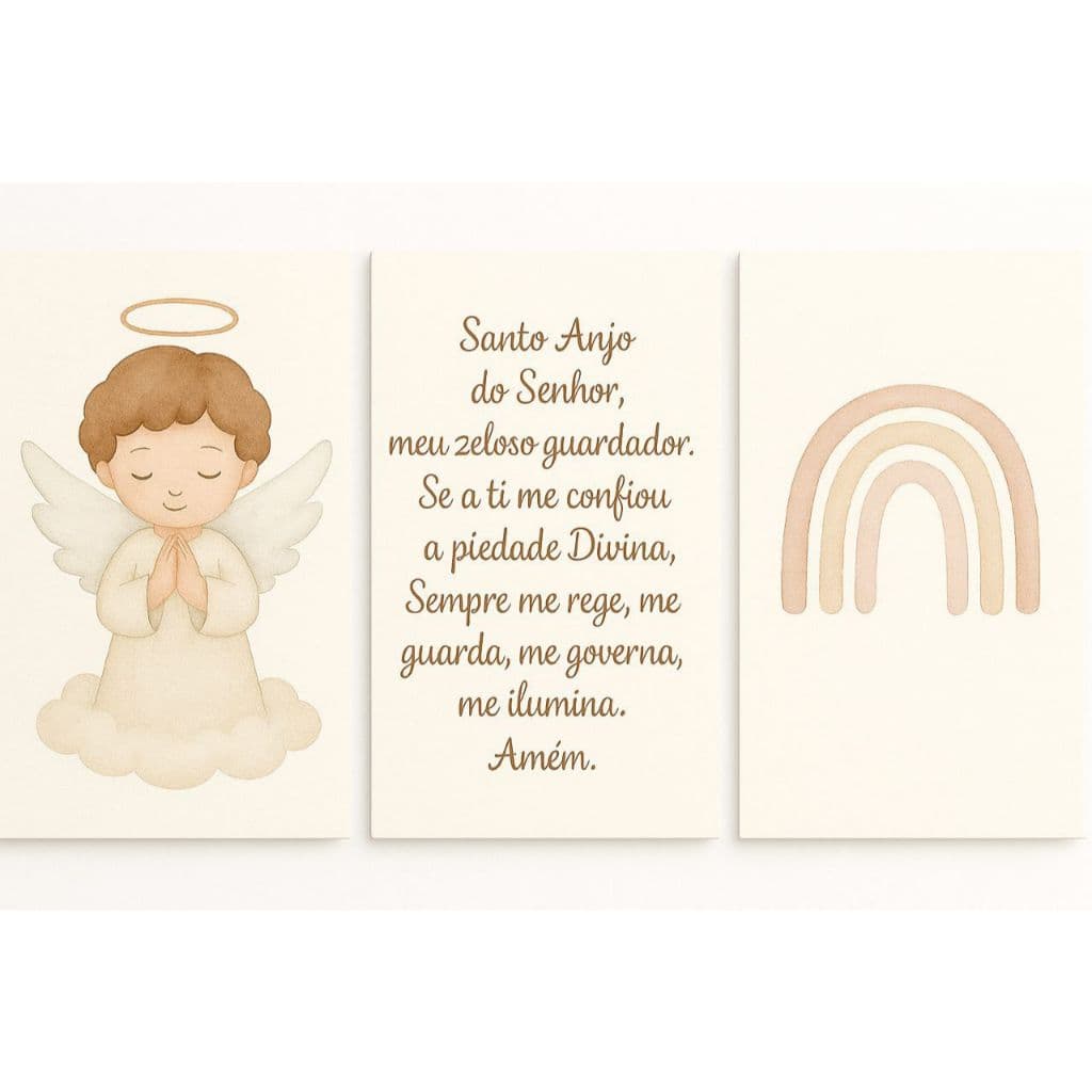 Kit Quadros Decorativos 3 Peças Mosaico Infantil Santo Anjo Oração Arco Íris Religião Bíblia Criança