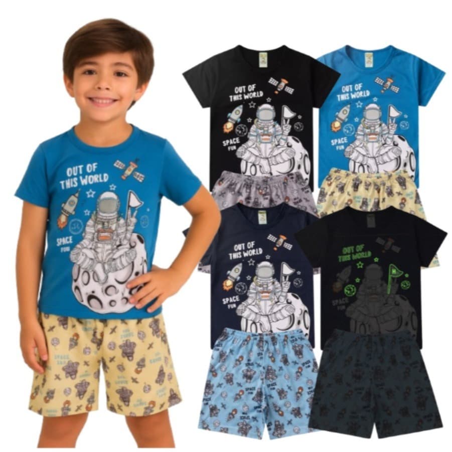 Pijama Infantil Masculino Verão Space Fun - Hey Kids - Azul  BRILHA NO ESCURO