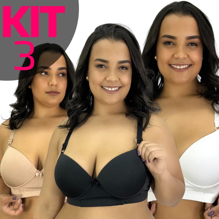 KIT 3 Sutiã Feminino Com Bojo Plus Size Reforçado Dia a Dia Bojão Alça Larga Fecho Triplo Forro Algodão
