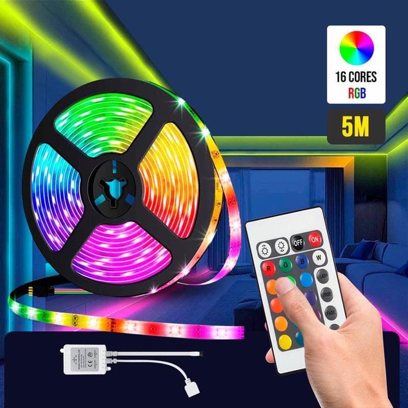 Fita LED RGB 5m 16 Cores 5050 + Controle Remoto + Fonte – IP65