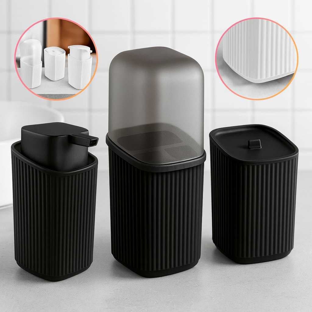 Kit 3 Pecas Com Porta Algodão + Porta Eacovas + Porta Sabonete Liquido 400 Ml Banheiro Praticidade Organizaçao