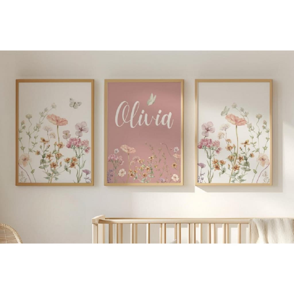 Kit 3 Quadros Decorativos Flores Rosa com Moldura Personalizado com Nome Quarto Menina Bebê Maternidade