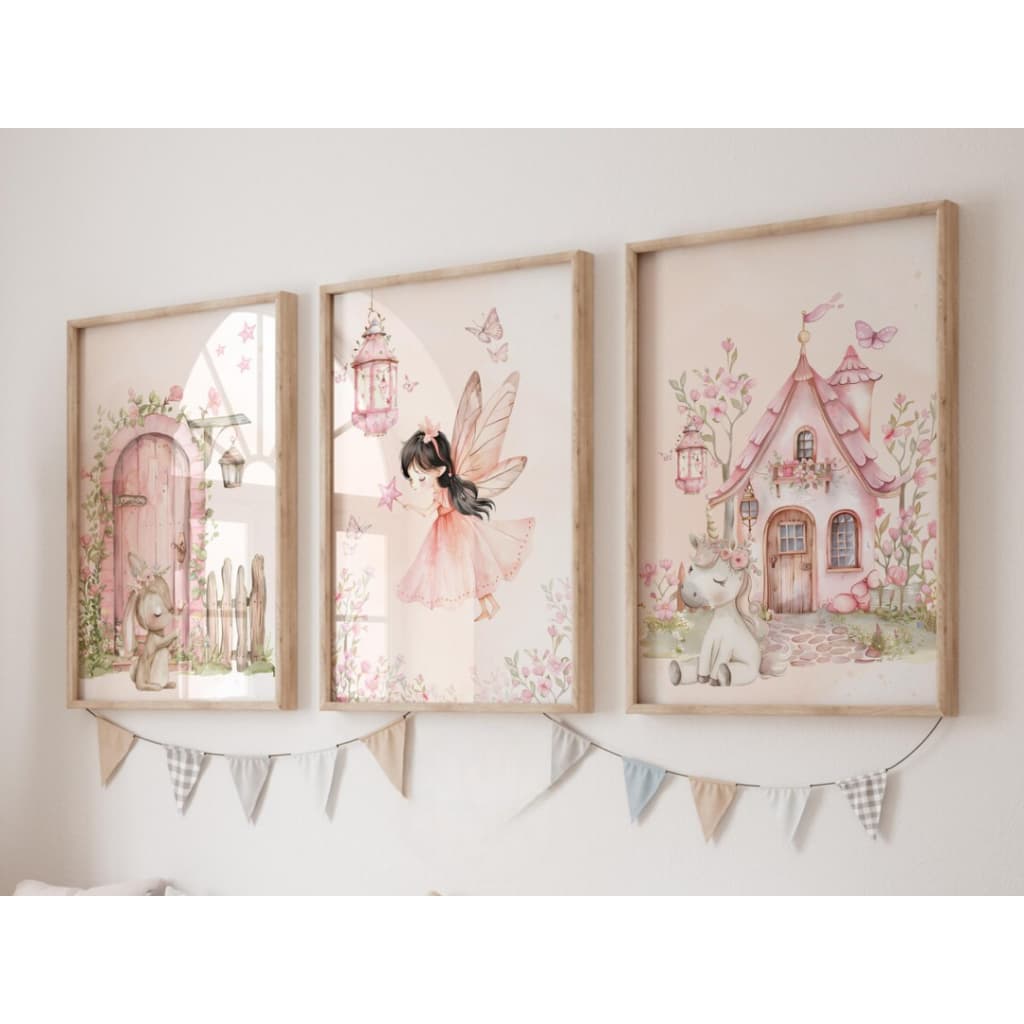 Kit 3 Quadros Decorativos Fada Unicórnio Rosa com Moldura Quarto Menina Maternidade