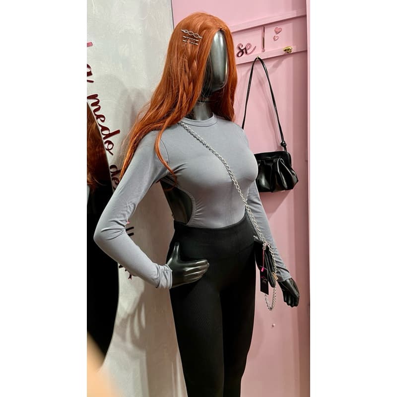 Body collant Manga longa decote costas modelador poliamida com bojo