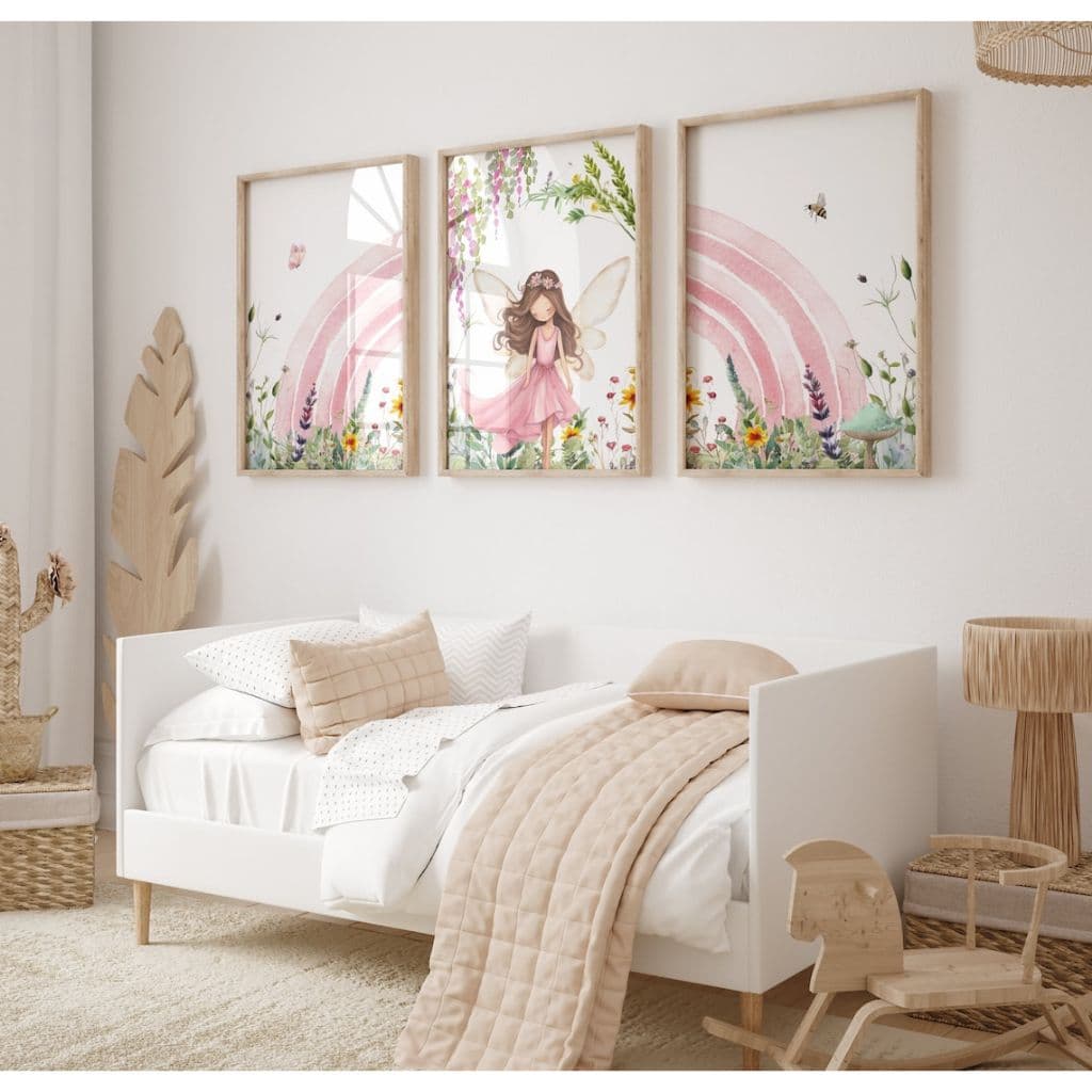 Kit 3 Quadros Decorativos Fada Arco-íris Flores Rosa com Moldura Quarto Menina Maternidade