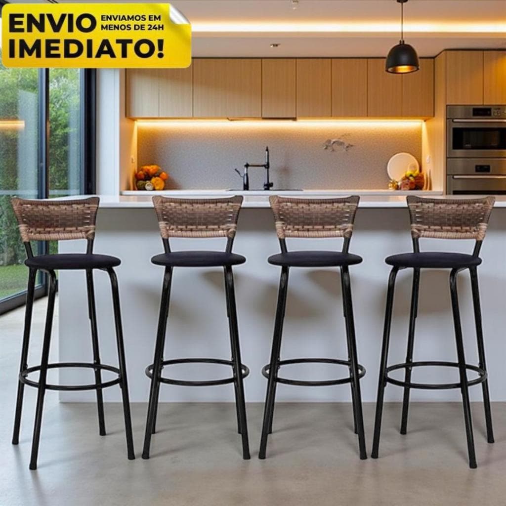 Kit 4 Banquetas Altas de Junco Cappuccino Autentico De Ambientes Elegantes, Casa, Cozinha e Bancadas