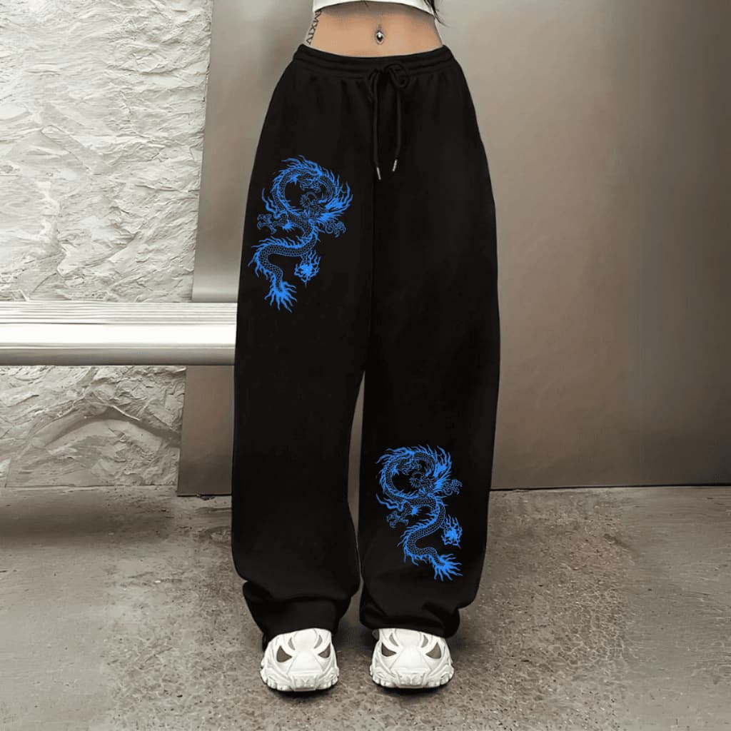 Moletom Calça Larga Urban Style Wide Leg Flanelada Premium Tendência Hip Hop Modelo Dragão Japonês