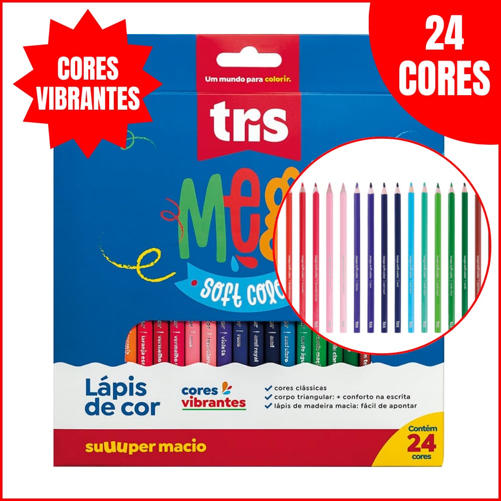 Lápis de Cor Tris Mega Soft Color 24 Cores Triangular Escolar