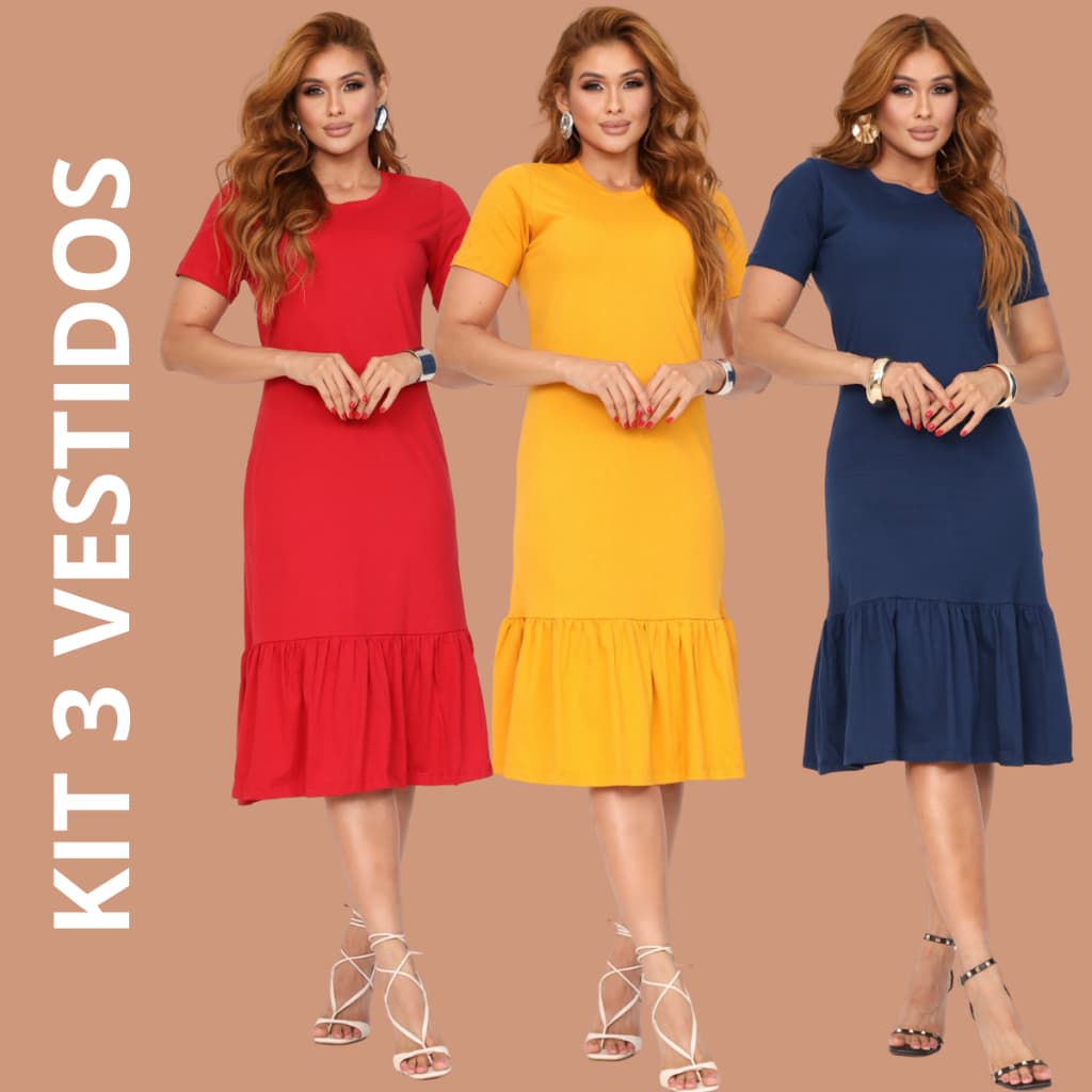 Kit 3 Vestidos Confortavél Dia a Dia Malha 100% Algodão Com Babado