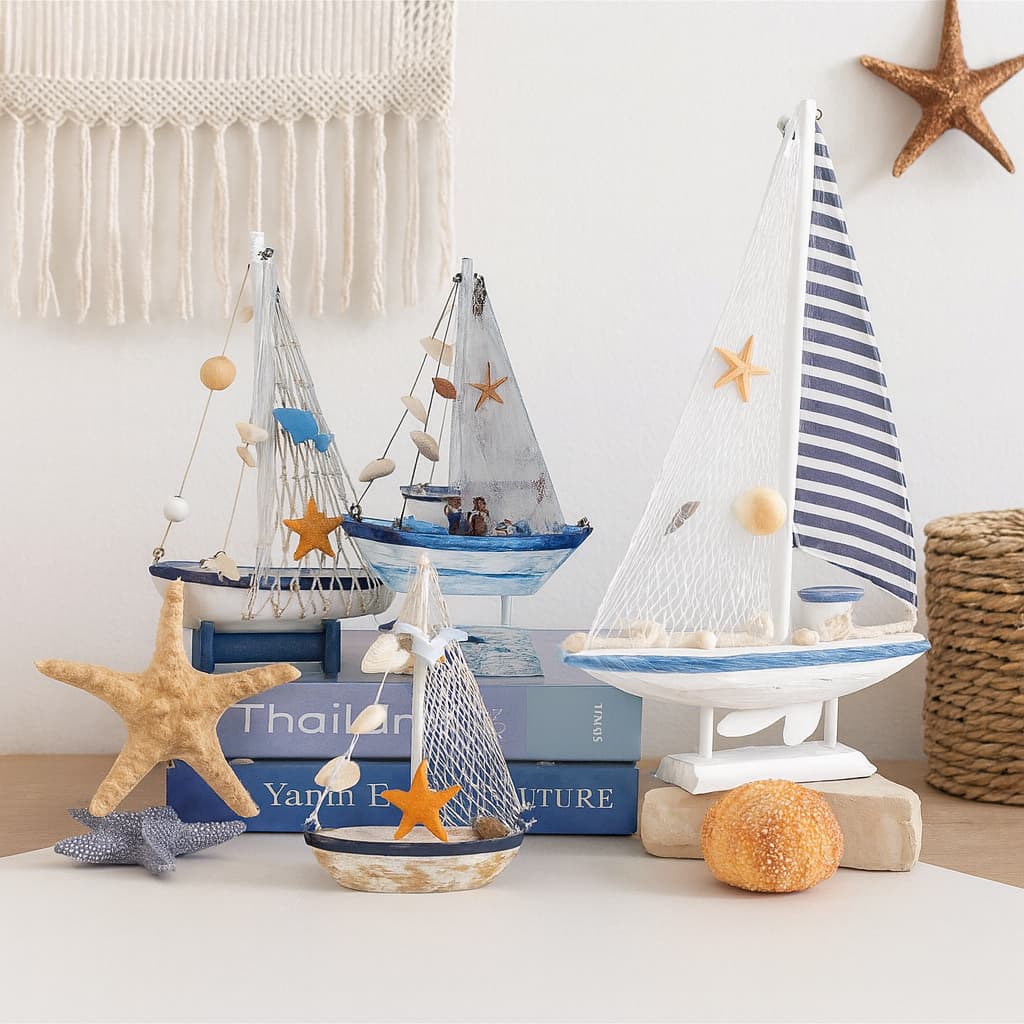 barco navio veleiro decoracao maritima mediterraneo branco e azul grande pequeno