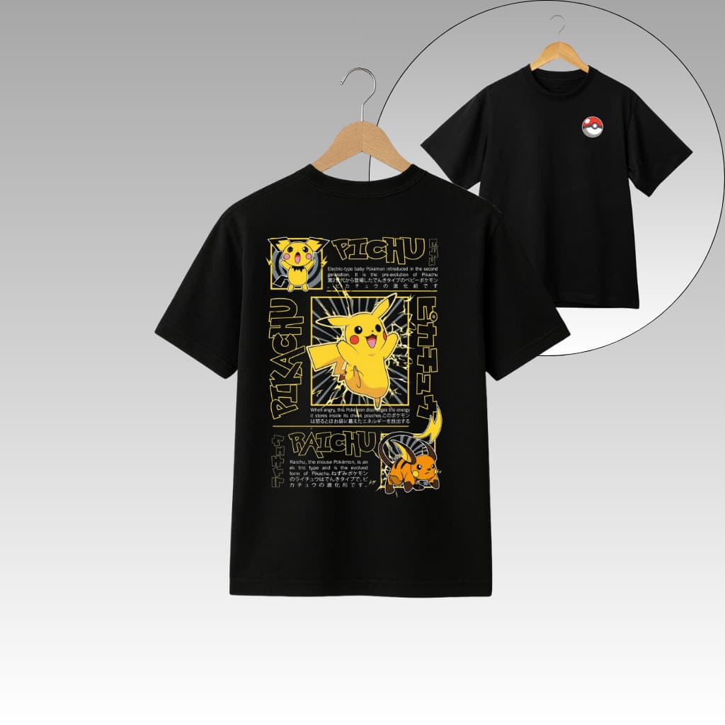 Camiseta Pokémon Pichu Pikachu Raichu Evoluções T-Shirt Algodão – Estilo e Nostalgia para os Fãs