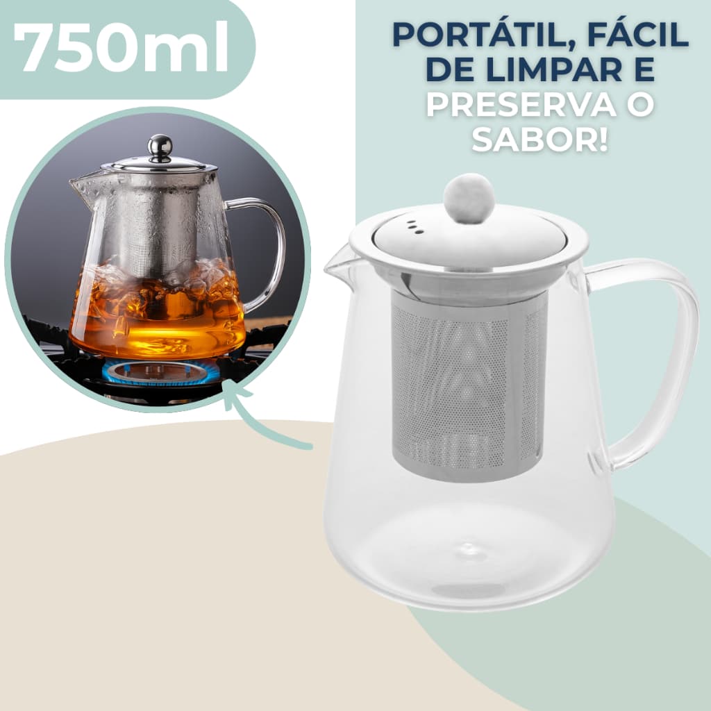 Chaleira Bule De Vidro Com Infusor De Inox Direto Ao Fogo Resistente Ao Calor 750ml