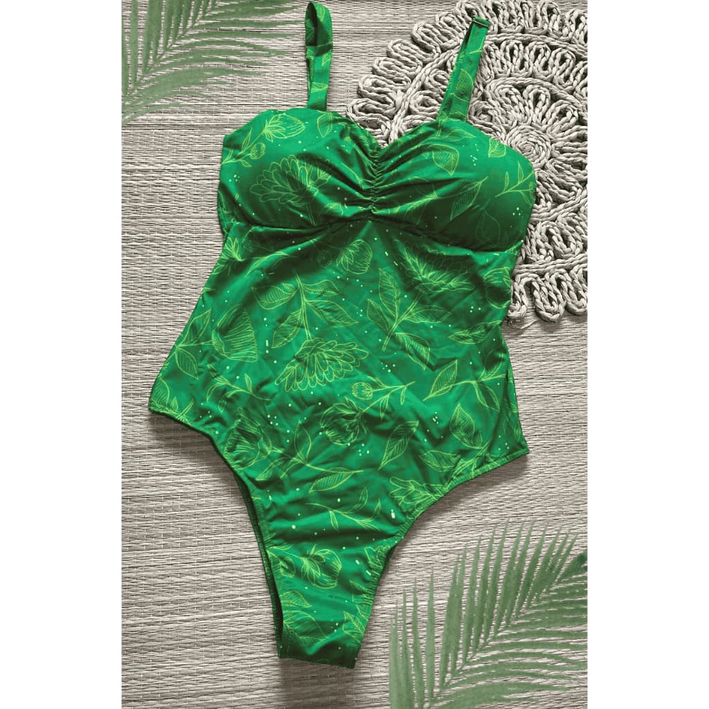 Maiô Verde Estampado Floral Feminino Praia Piscina Moda Praia Confortável
