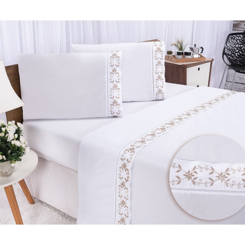 Jogo de Lençol Cama Casal Queen Bordado Veneza 4 peças Percal 400 Fios