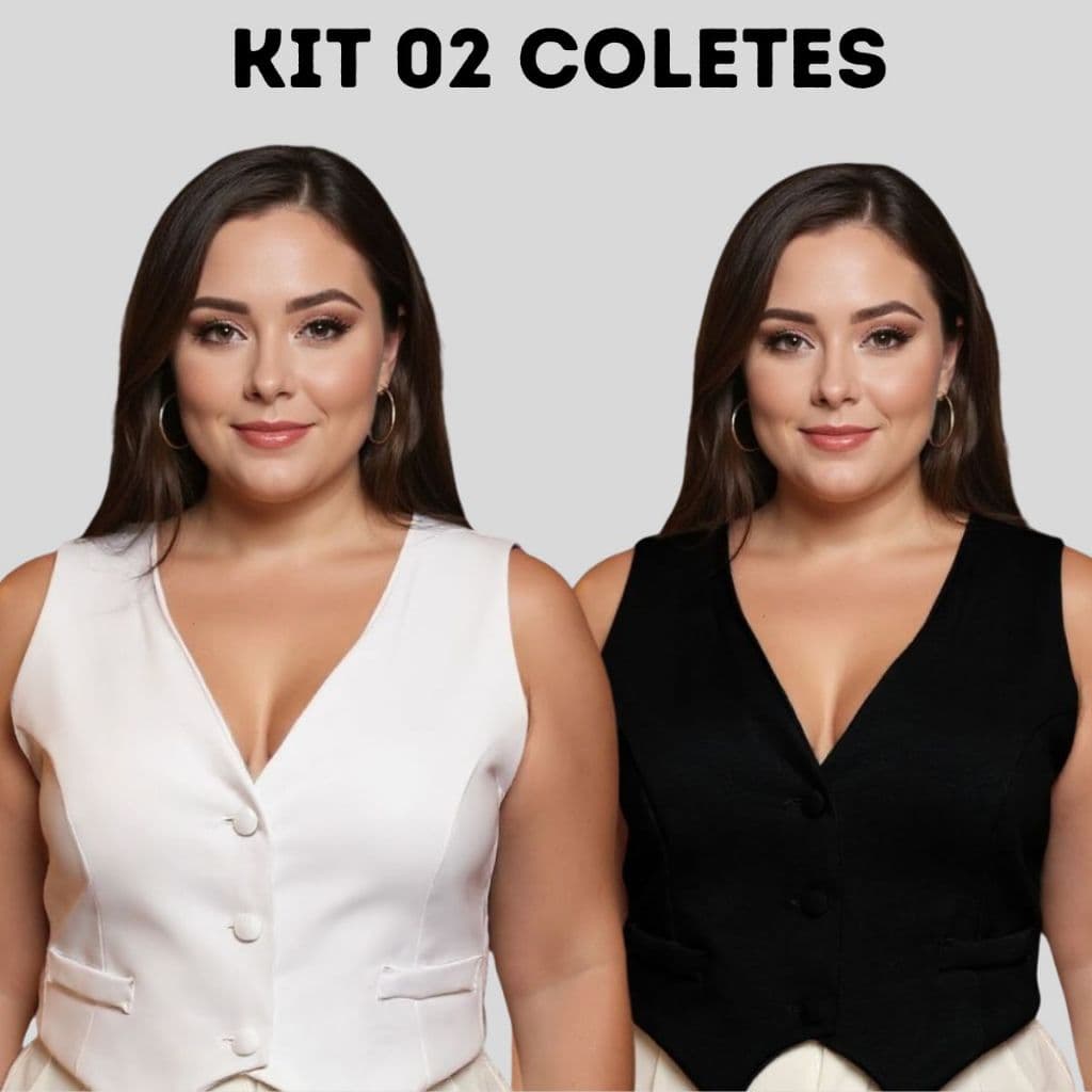 Kit 02 Coletes Plus Size Alfaiataria Moderno Cropped Elegante Feminino