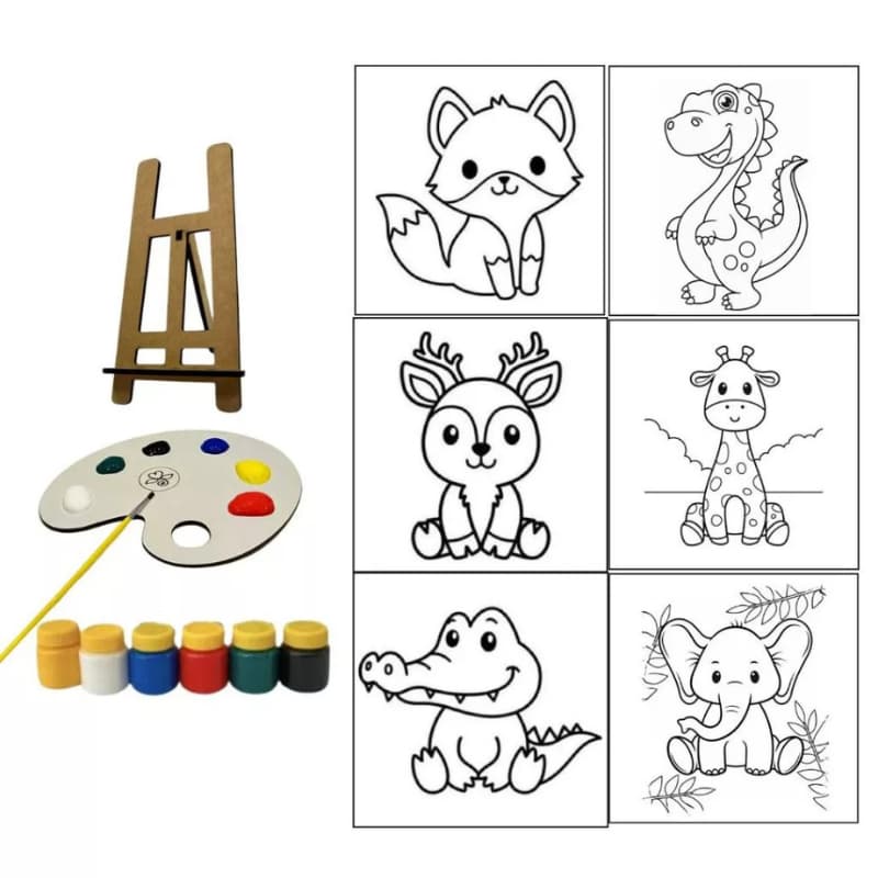 Kit de Pintura Infantil Minhas Primeiras Artes Safari – 5Telas + 6Tintas + 1Pincel  +  1Cavalete + 1 Aquarela + 1Esponja