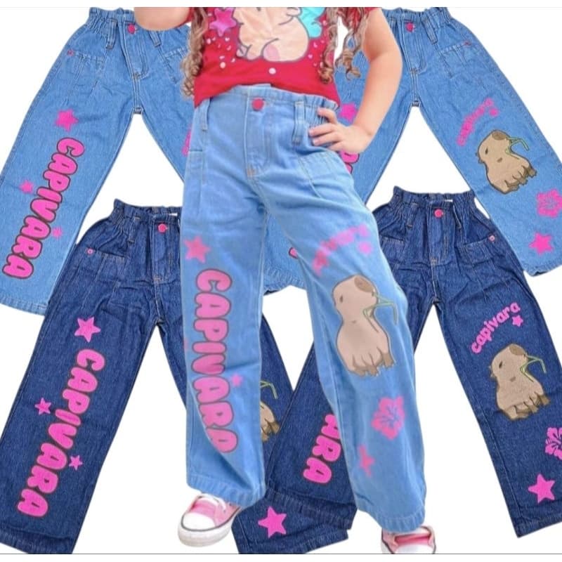 calça jeans pantalona capivara infantil  wide leg menina de alastico total no cós no tamanho 4 5 6 10 12 14 16 anos ca