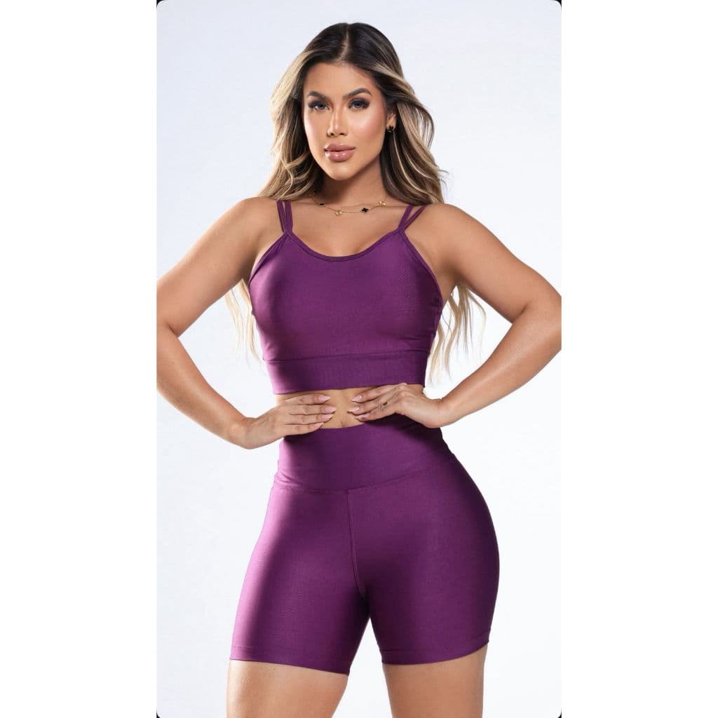 Shorts Meia Coxa Cintura Alta + Top Forrado Suplex UV 50+ Feminino Fitness Academia Conjunto Short e Top Academia Cintur