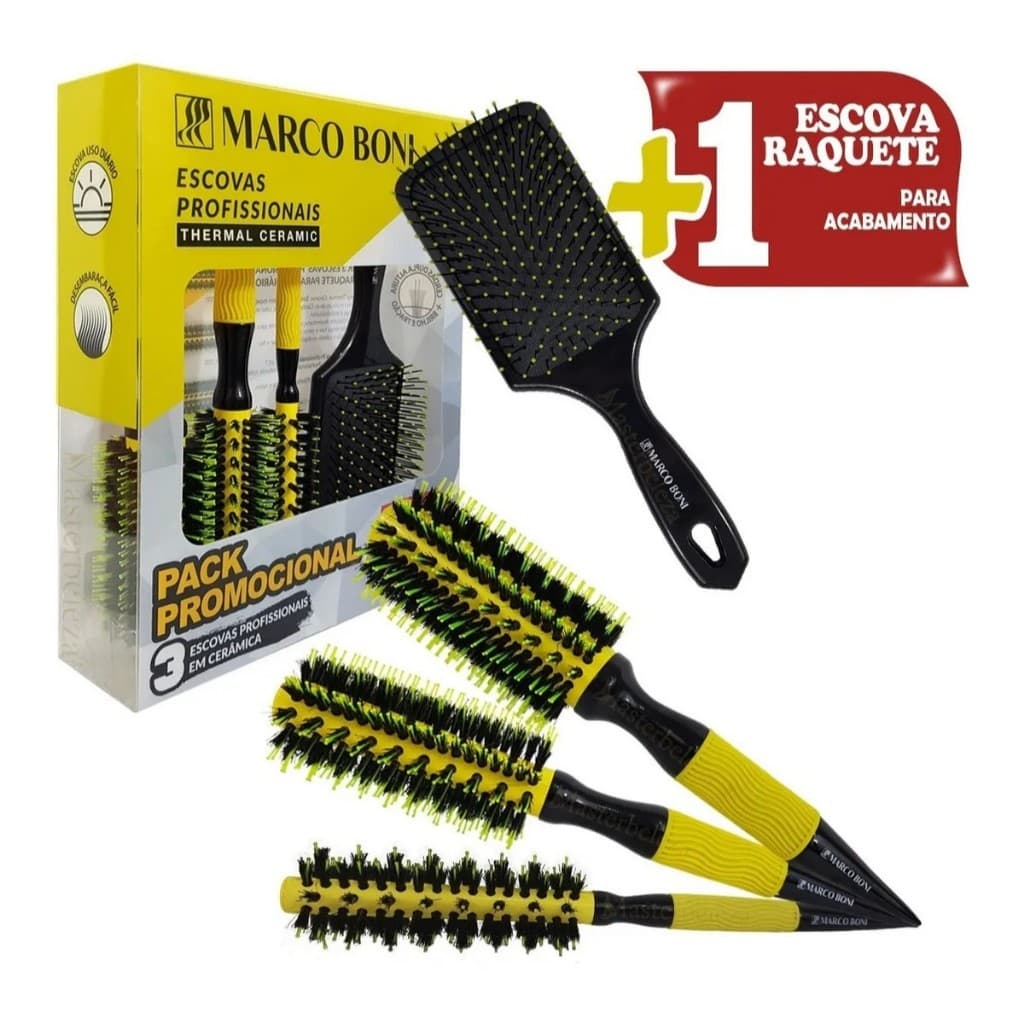 Kit Escovas Marco Boni Profissional Escova Raquete Deluxe amarelo