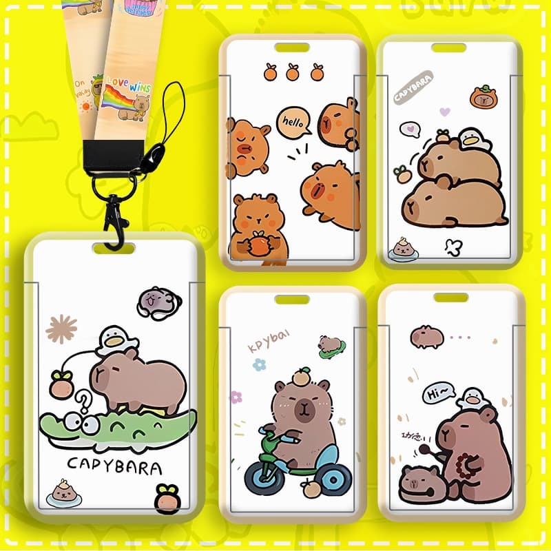 Porta-cartão de cordão de desenho animado de capivara ou porta-crachá ou porta-cartão de trabalho