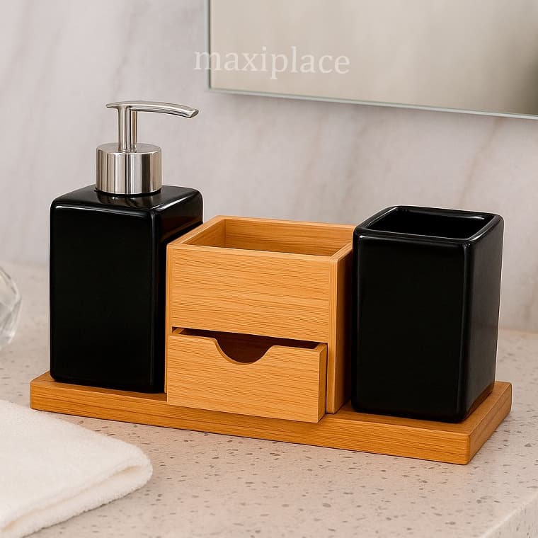 Jogo Banheiro Lavabo Bandeja Organizadora Saboneteira Porta Escova 3 Peças Porcelana Bambu Com Gavetinha Preto
