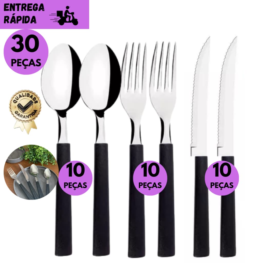Kits 30/21 ou 12 Jogo de Talheres Inox Cabo Preto Resistente – Garfo, Faca e Colher Elegantes