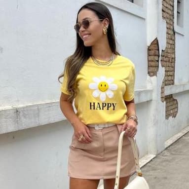 T-shirt Feminina Estampa Happy -  100% Algodão Fio 30.1 Penteado - Tamanhos P ao G1
