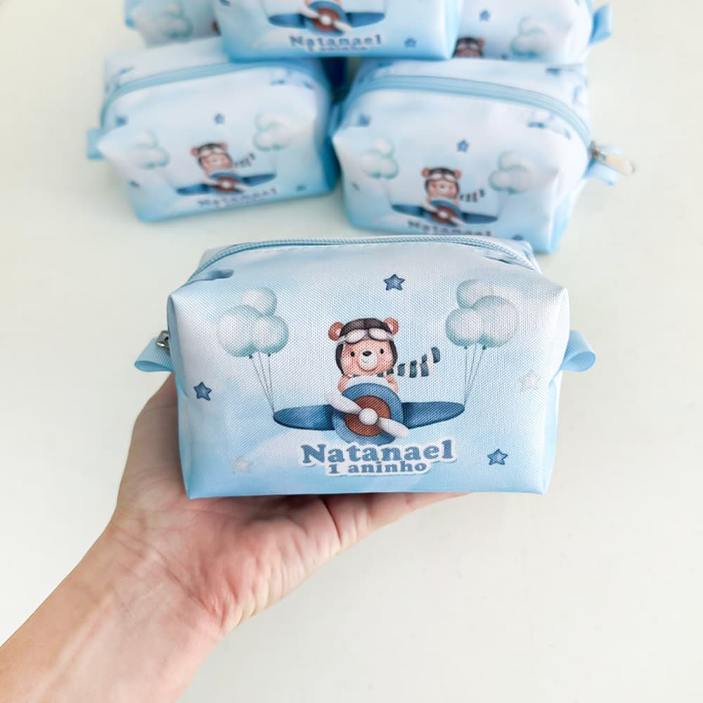 Kit Bolsinhas Necessaire Personalizada lembrancinhas aniversário maternidade Box P Urso Aviador
