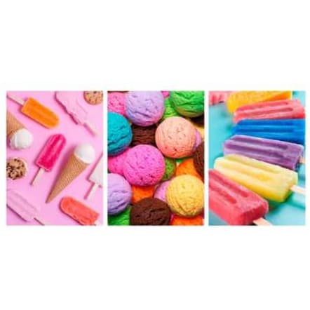 QUADROS DECORATIVOS PICOLES COLORIDOS SORVETE CONFEITARIA SORVETERIA COMIDA GELADO 3 PEÇAS