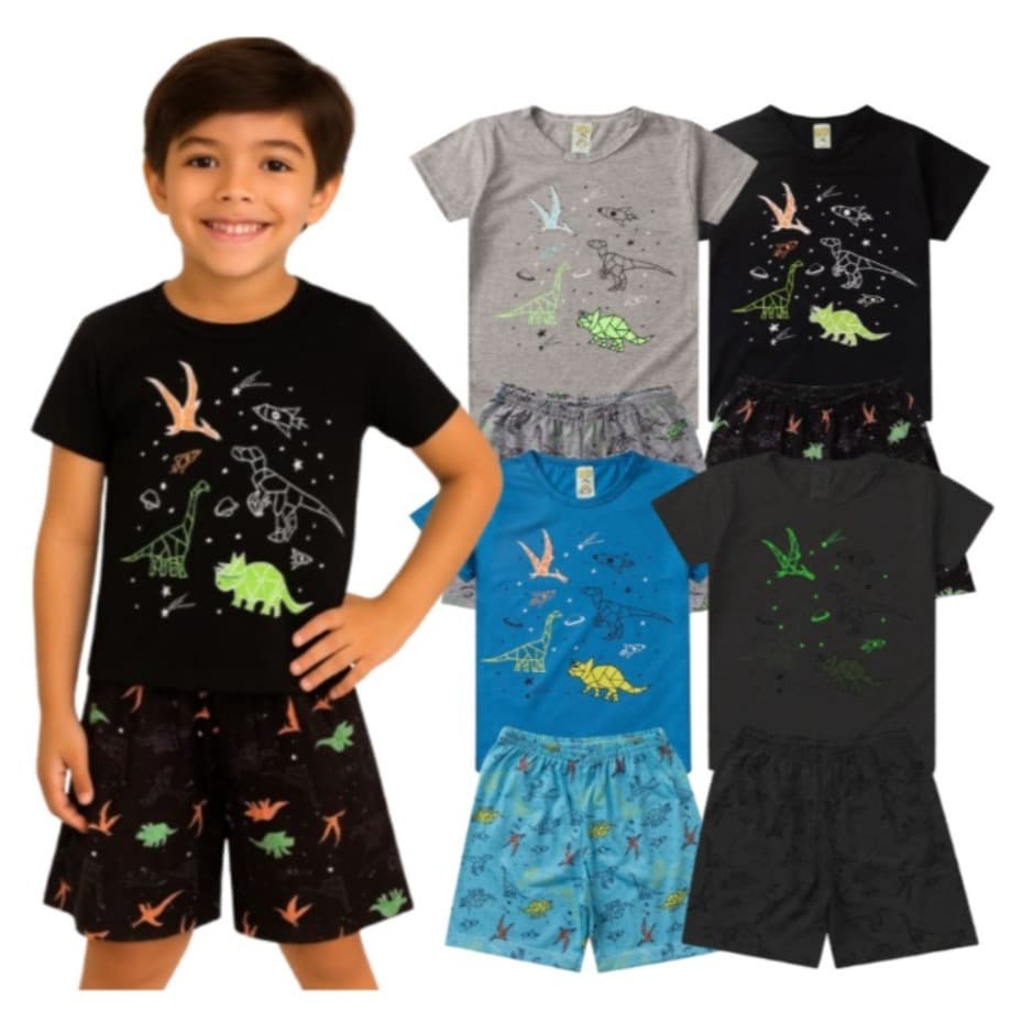 Pijama Infantil Masculino Verão Dinossauros - Hey Kids - Mescla BRILHA NO ESCURO