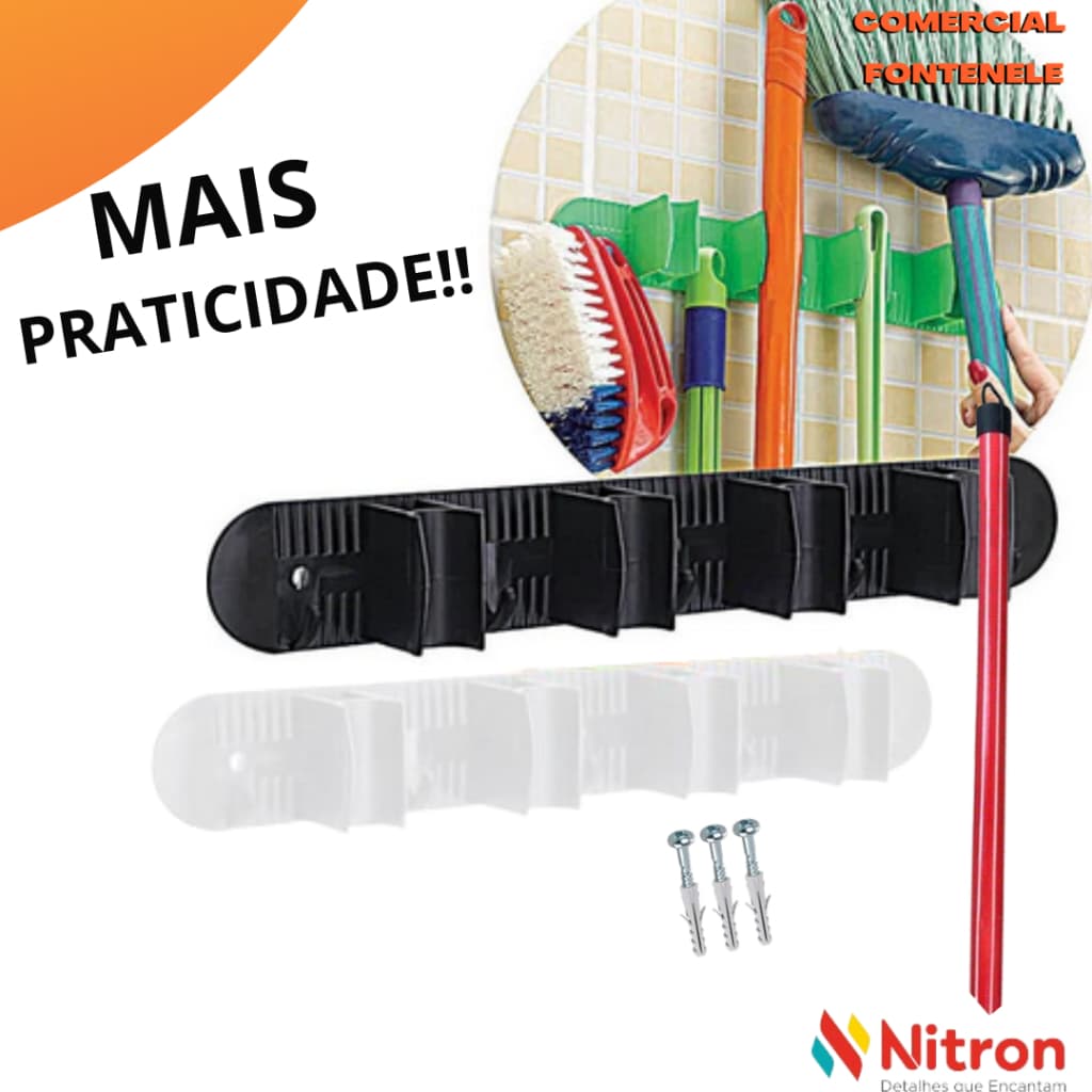 SUPRTE PORTA VASSOURAS C/4 ENCAIXES 5 GANCHOS NITRON