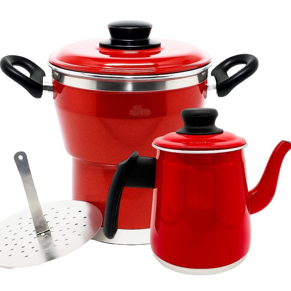 Kit Bule de Café Chá 1,5L + Cuscuzeira Faz Cuscuz Tamanho Família de Alumínio Vermelho