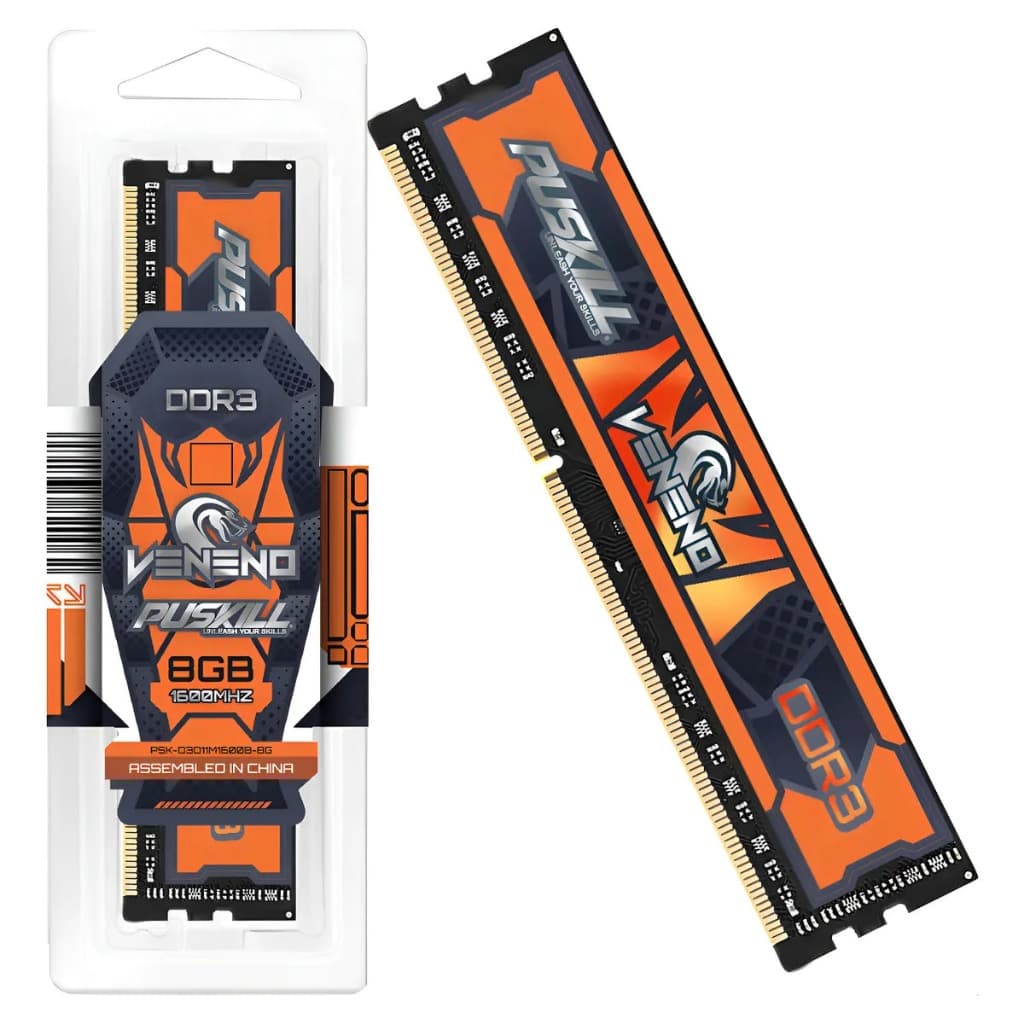 Memória Puskill Veneno 8gb Ddr3 1600mhz Cor Preto/laranja p/ Intel e Amd
