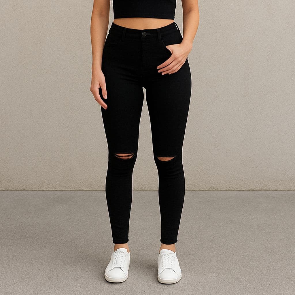 Calça Skinny Preta Rasgada Feminina Modeladora Cintura Alta Lisa Confortável