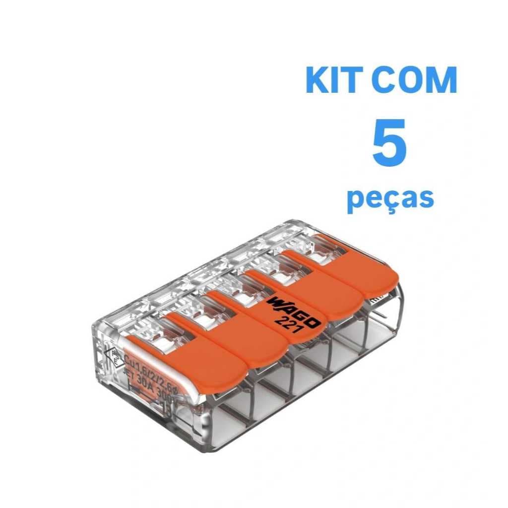 KIT COM 5 PEÇAS Conector de emenda; para condutores de até 6mm² com 5 entradas 221-615