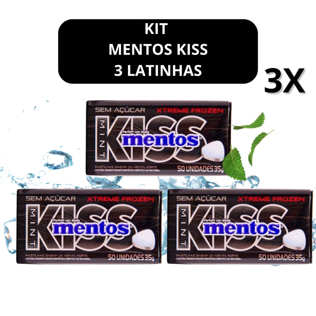 Kit 3 Mentos Kiss Lata Sabor Menta Forte - Pastilha Sem Açúcar