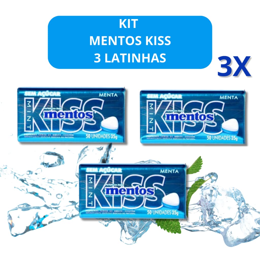 Kit 3 Mentos Kiss Lata Sabor Menta - Pastilhas Sem Açúcar