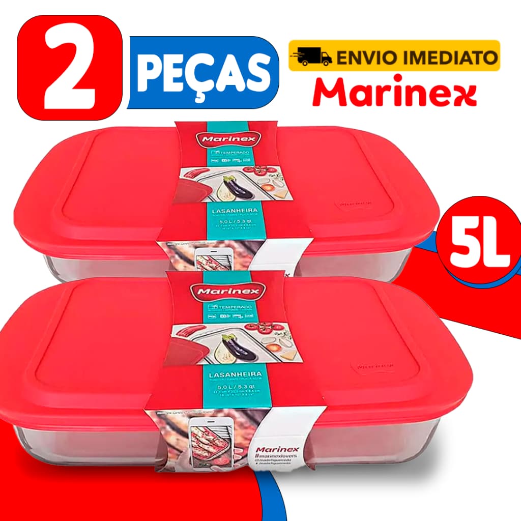 Forma Assadeira Retangular Marinex 5L Vidro Temperado Tampa Vermelha Resistênte