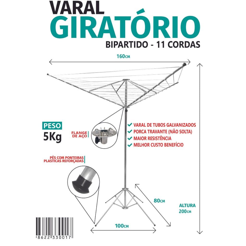 VARAL DE CHÃO 11 CORDAS AÇO REFORÇADO GALVANIZADO - MULTIVARAIS