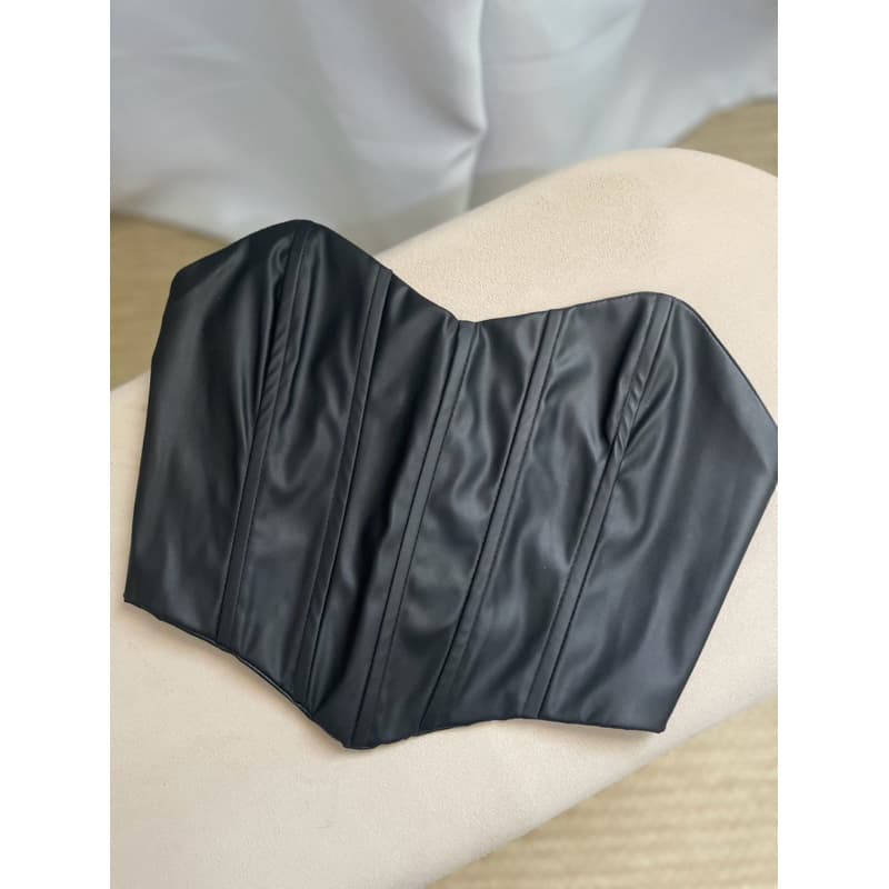 Corselet feminino courinho de amarrar atrás Preto blogueira P.u couro sintético
