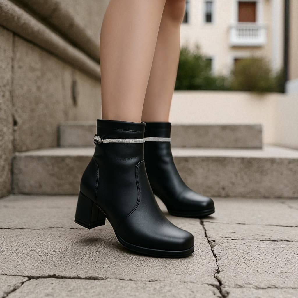 Bota Feminina Salto Bloco Com Fechamento Ziper e Enfeite Strass de Bico Quadrado Salto Grosso Moderna e Estilosa