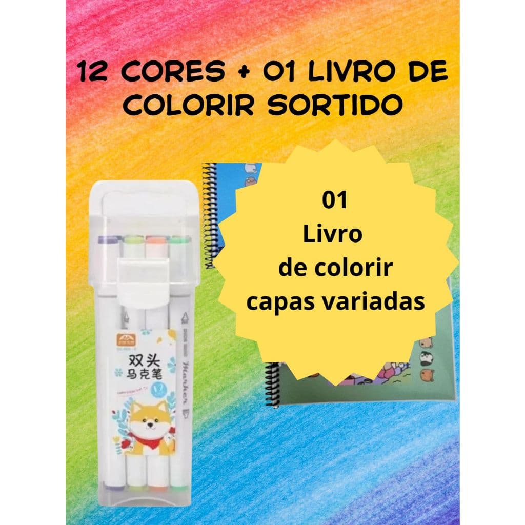 Canetinha para pintar bobi gudi 12 cores + livro de colorir canetinha ponta dupla papelaria