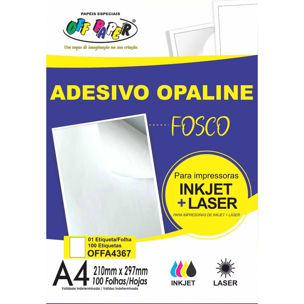 Adesivo Opaline Fosco A4 para jato de tinta e a laser 110G