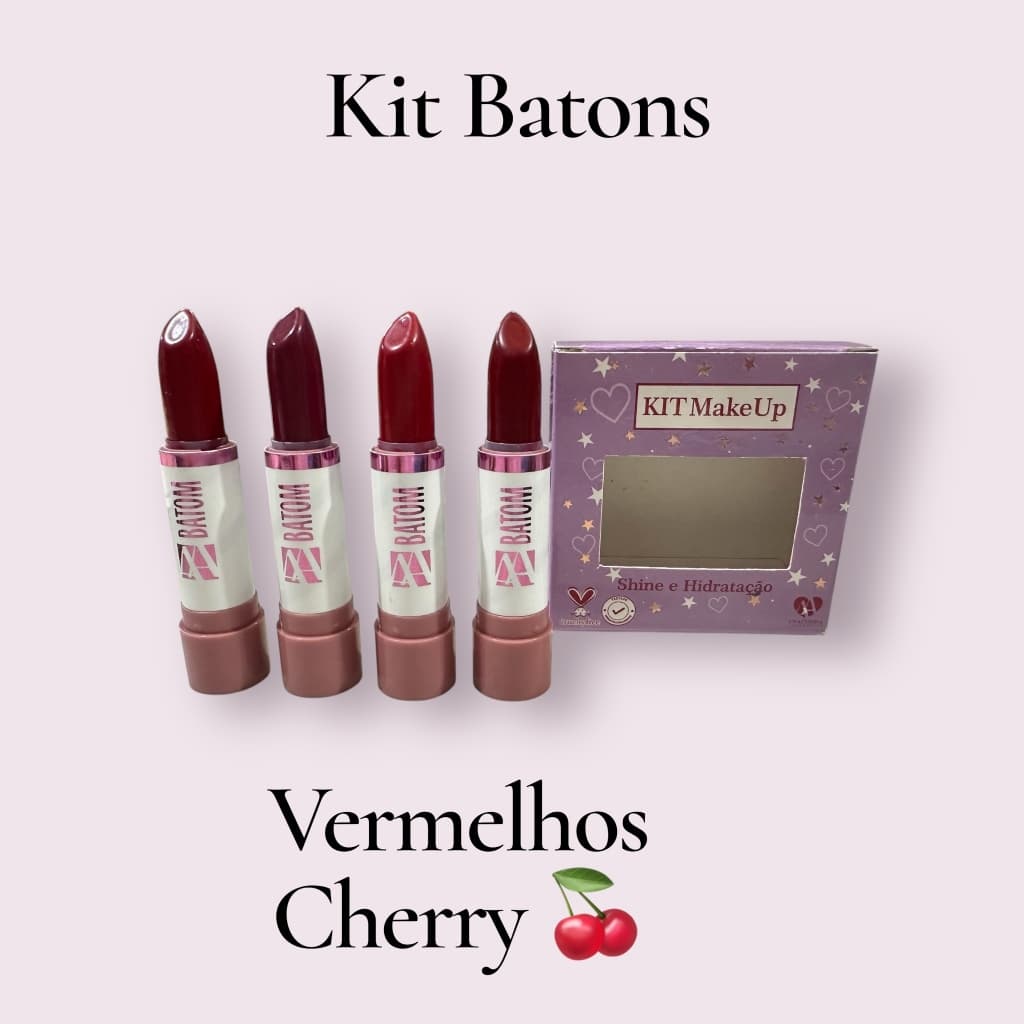 Kit Batons Hidratantes Batons Vermelhos, Batom Tentação, Batom Selvagem, Batom Tip Tip e Batom Rubi.
