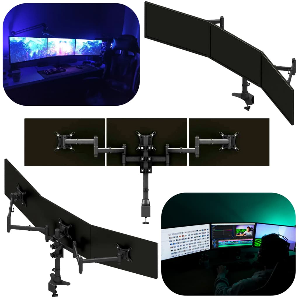Braço Monitor 3 Telas Até 24" Suporte Articulado Ajuste Ângulo Altura Otimizar Setup Rotação 360 Gamer Triplo Nf