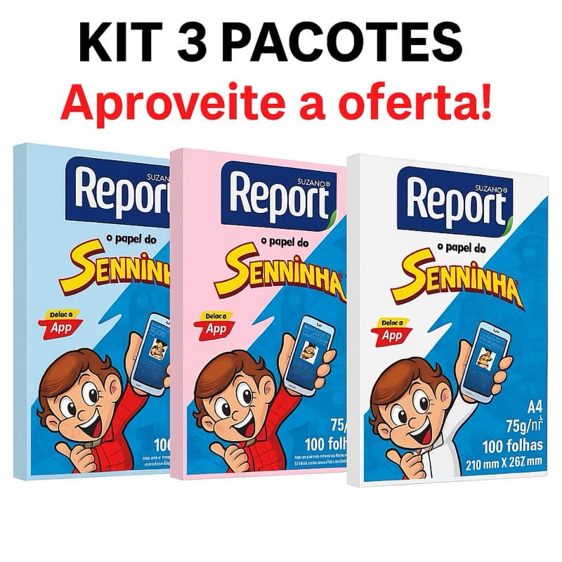 Combo 3 Pacotes Papel Sulfite Senninha A4 75g/m² – Azul + Rosa + Branco (100 folhas cada)