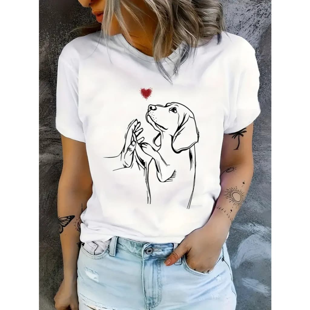 Camiseta Algodão Adulto Infantil Plus Size Cachorro Humano Coração ComprimentoStreetwear Premium