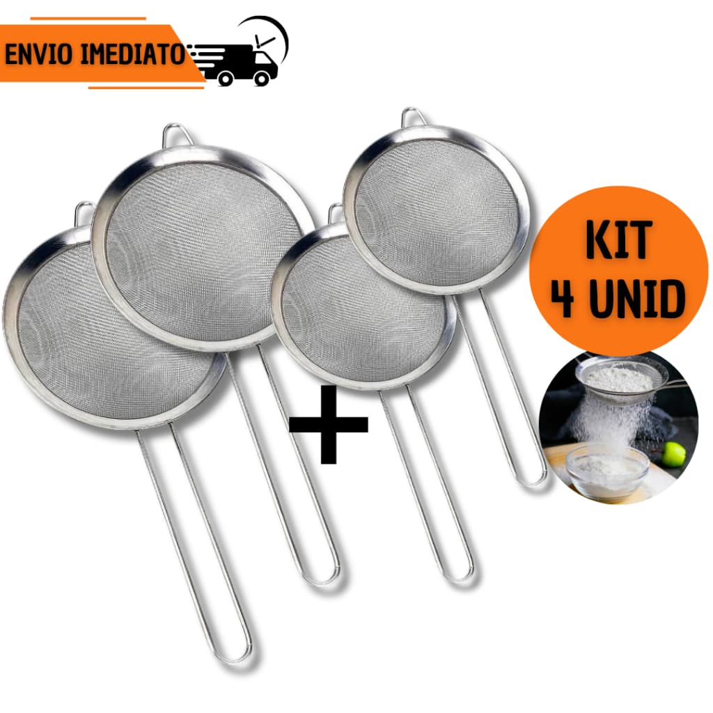 Jogo 4 Peneiras 20cm 12cm Jogo Coador Aço Inox Suco Oleo Farinha Casa Confeitaria Doce Bolo