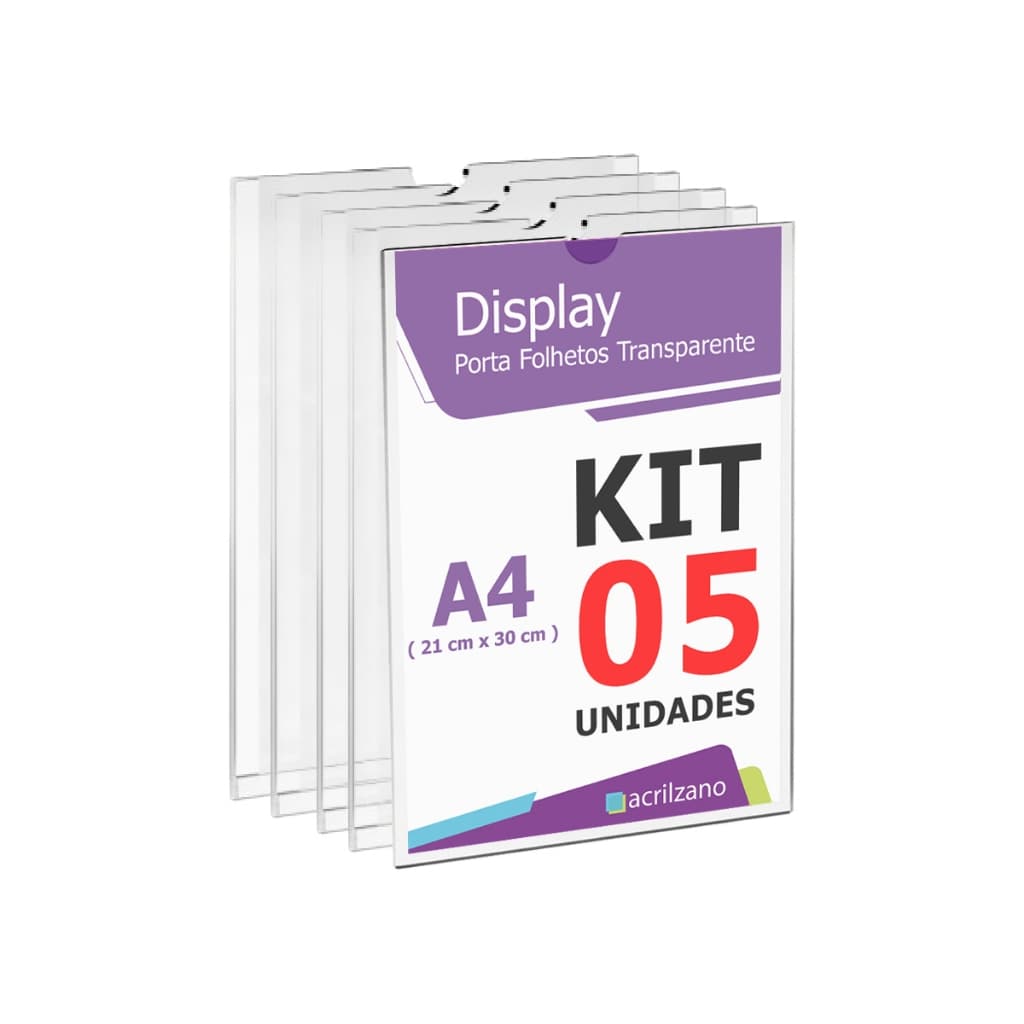 Kit 5 Displays de Parede A4 Vertical em Acrílico Transparente para Avisos